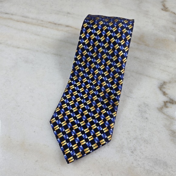 Allyn Saint George Other - Allyn St. George Silk Tie Blue Gold Yellow Geometric Square Pattern Professional